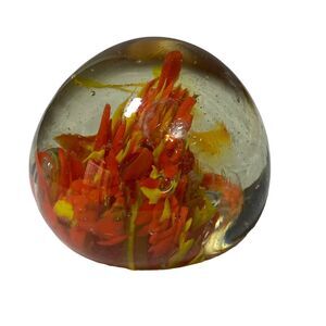 Round Paperweight Hand Blown Glass Yellow Orange Controlled Bubble 2 5/8" Used